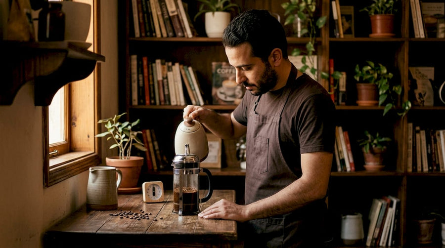 Un barista sirve un café de especialidad utilizando una prensa francesa de alta gama.