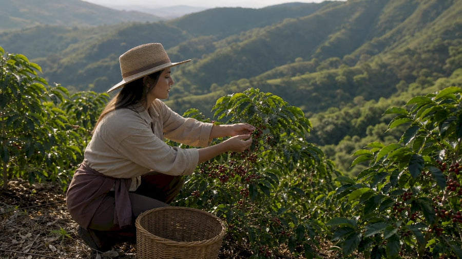 Mujer campesina cosechando granos de café en plena finca