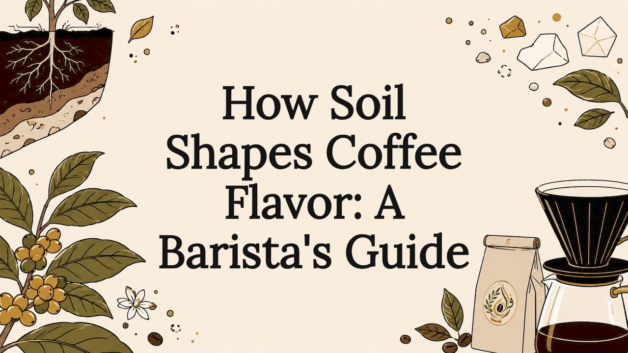 Decorative coffee and soil themed title card illustration