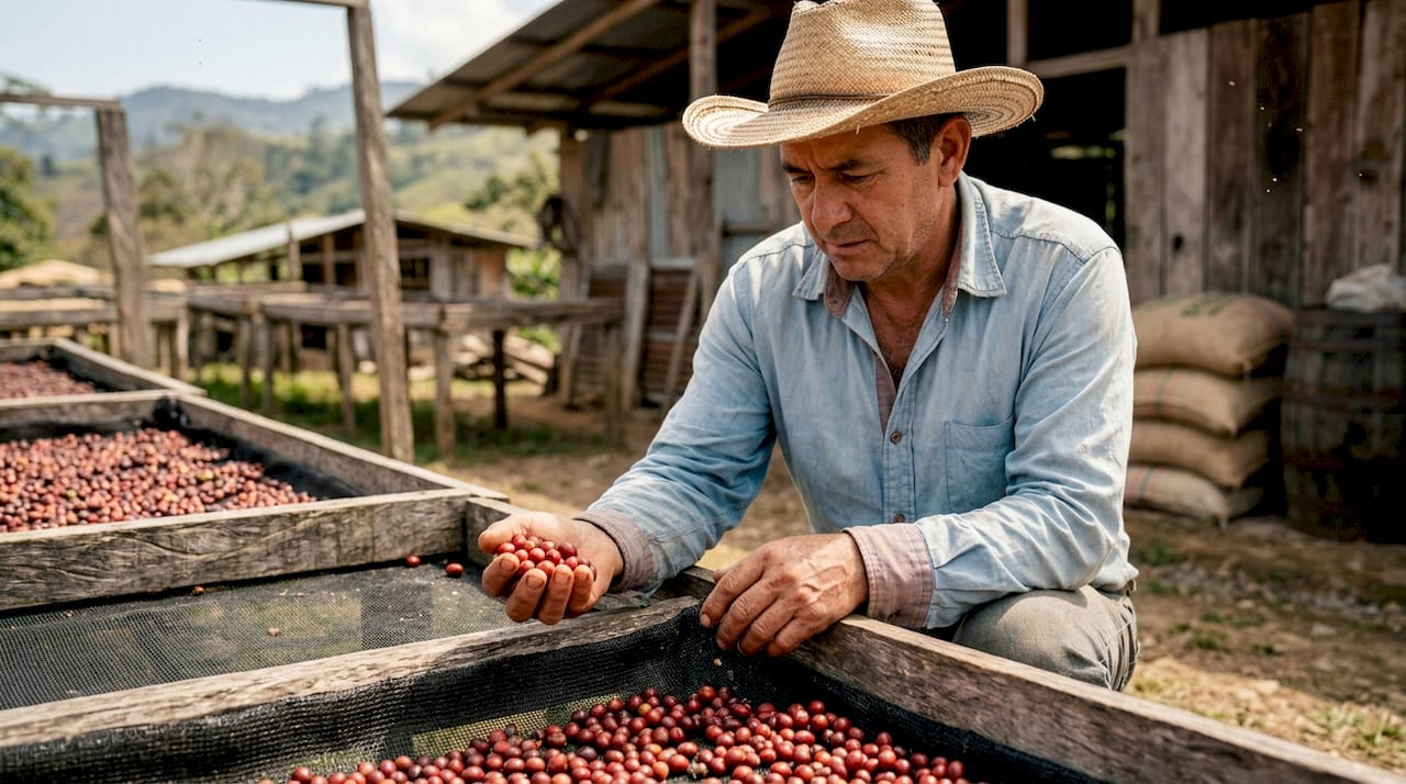 Un caficultor revisa cuidadosamente los granos maduros de café en su finca.