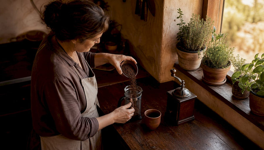 Una mujer prepara café recién hecho en una cocina de estilo rústico, disfrutando del aroma y la tranquilidad del momento.
