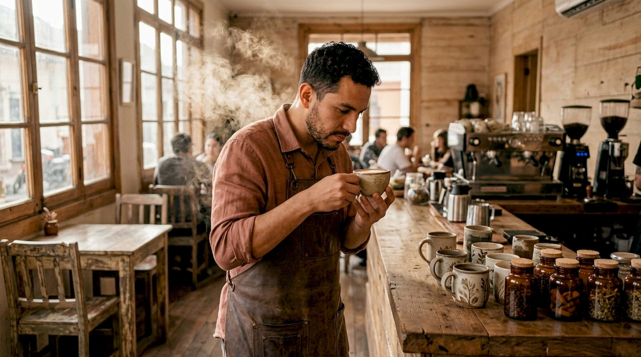 Barista aprecia el aroma del café aprovechando la luz natural