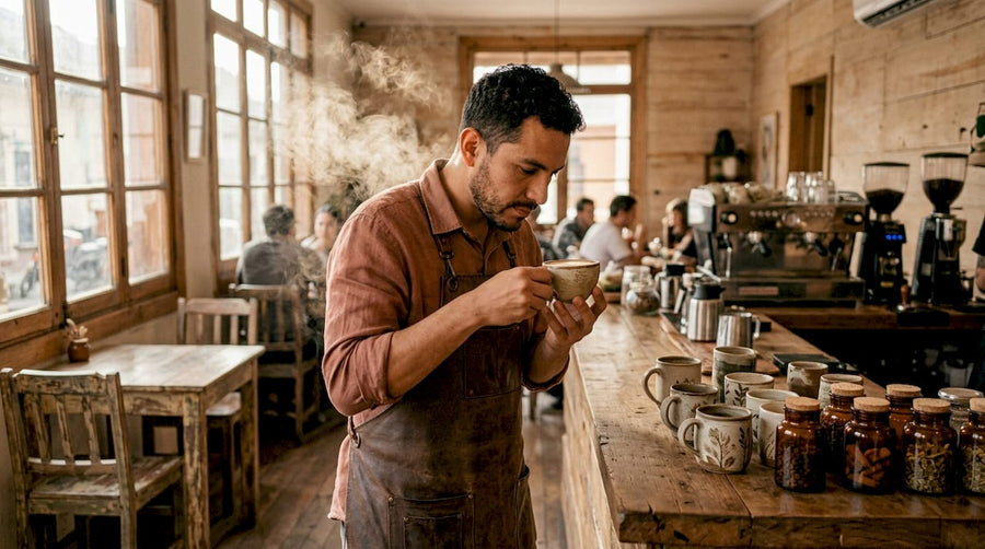 Barista aprecia el aroma del café aprovechando la luz natural