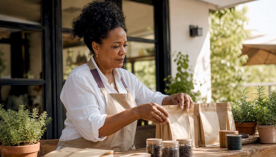 Barista acomodando cuidadosamente envases ecológicos de café para su venta
