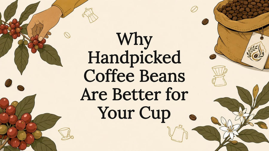 Decorative title card illustration of coffee cherries and leaves
