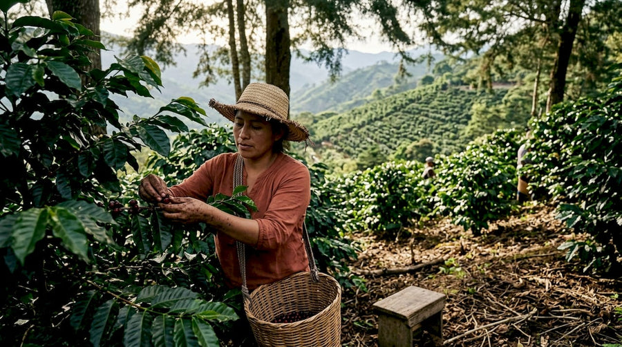 Caficultora recolectando granos de café a la sombra en una finca sostenible