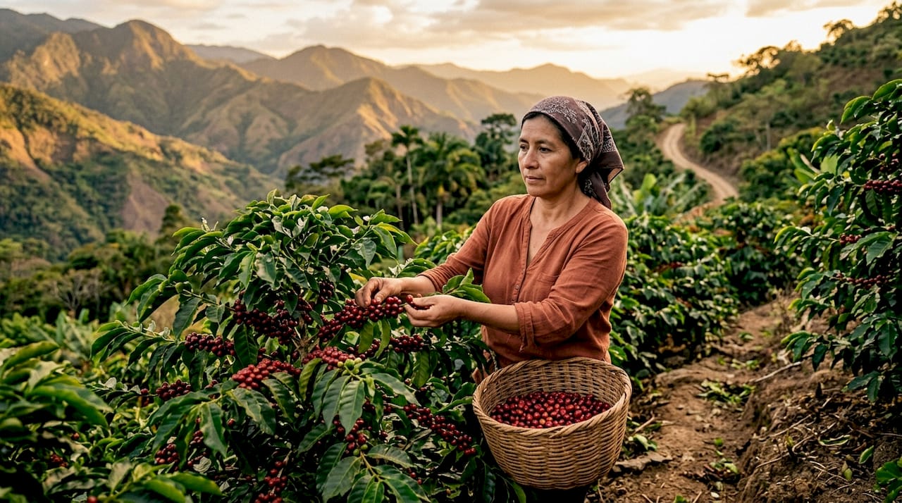 Productor de café revisando las cerezas en el campo