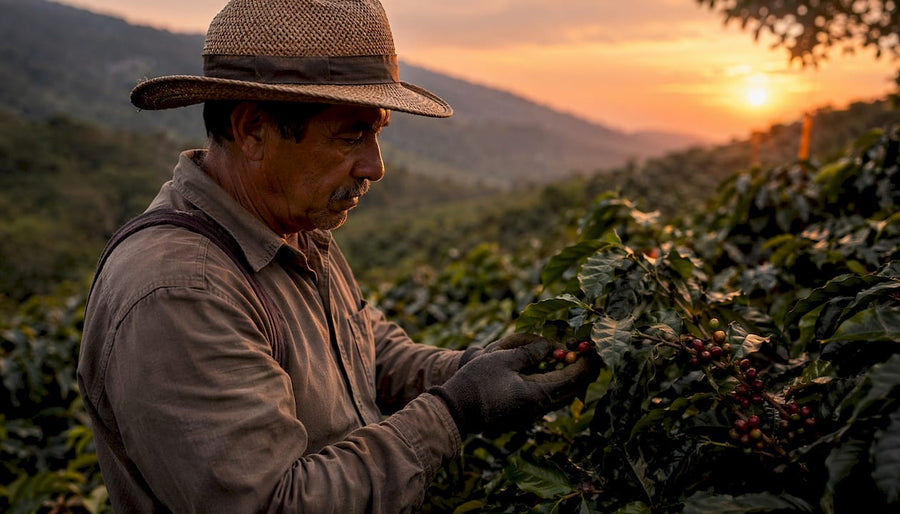 Un caficultor revisa el estado de las plantas en su finca de café.