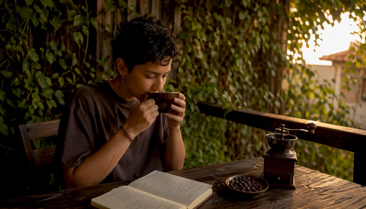 Experto en café disfrutando el aroma de una taza recién hecha