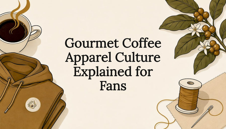 Decorative illustrated title card featuring coffee and apparel elements