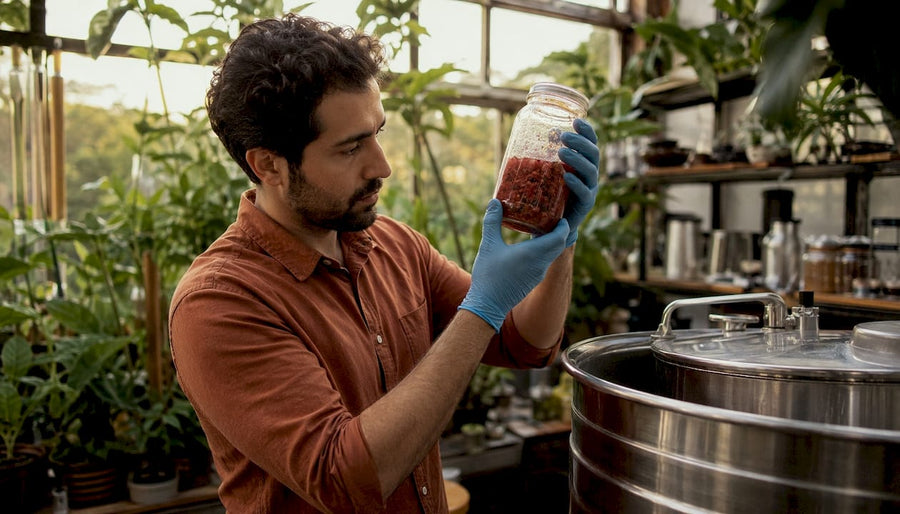 Especialista analiza el proceso de fermentación en un lote experimental de café