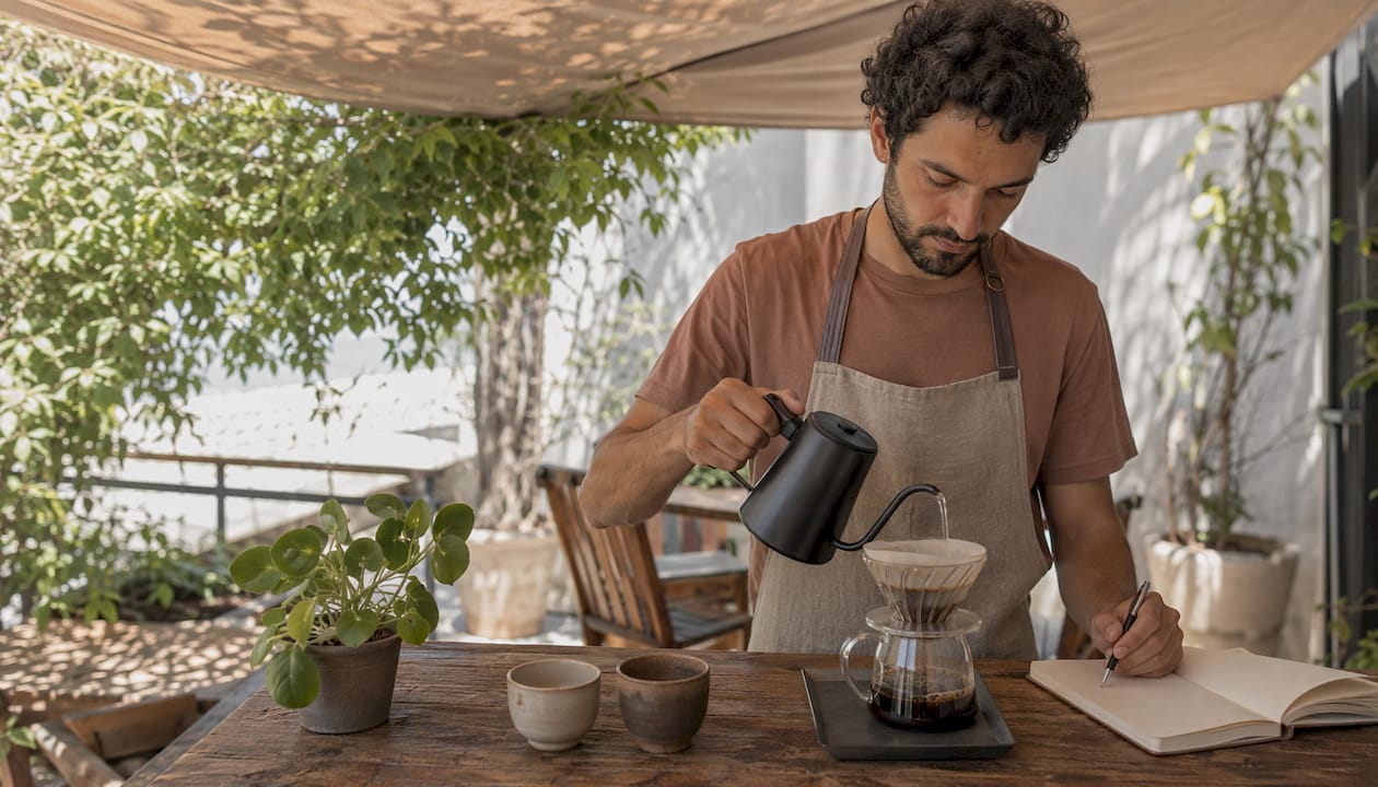 Un barista elaborando un espresso detrás de la barra de una cafetería