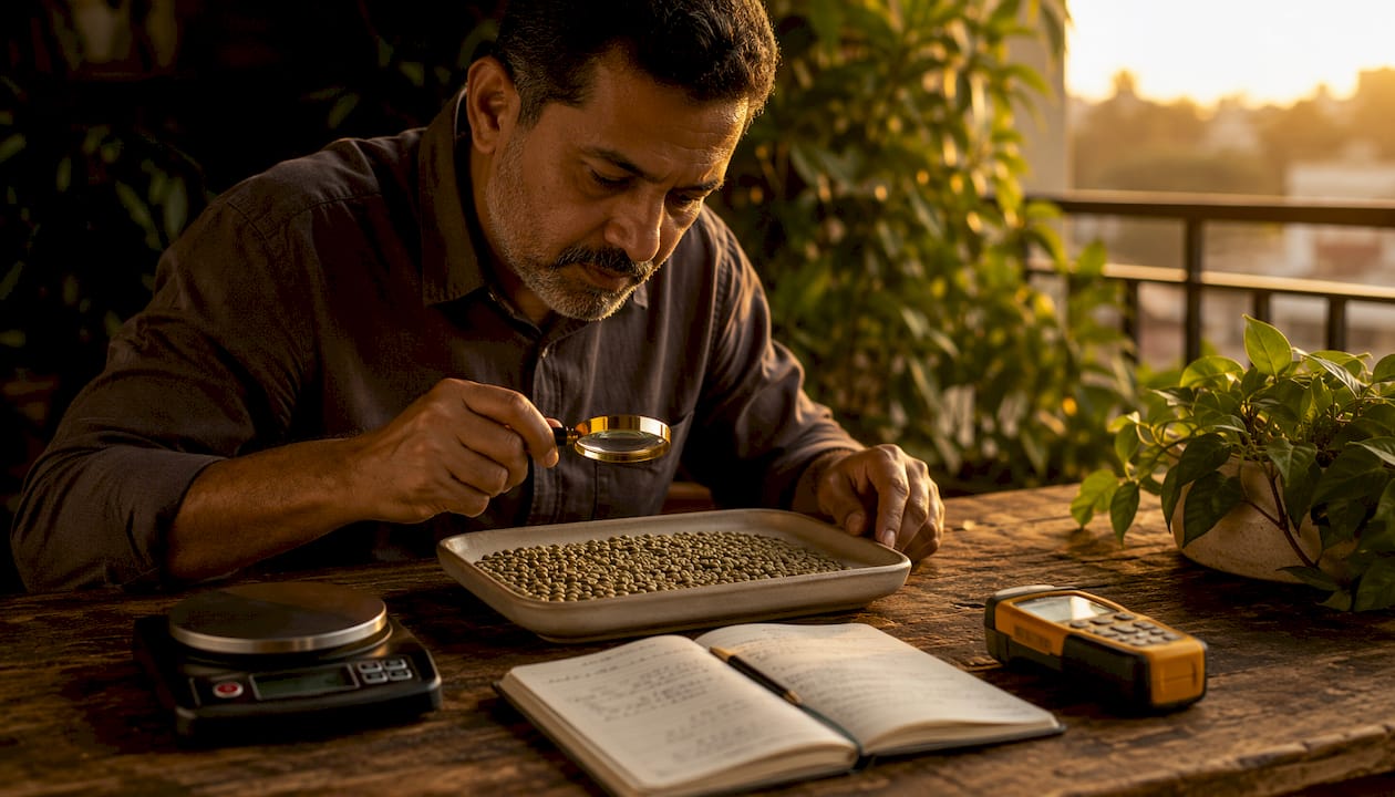 Experto en café revisando la calidad de los granos verdes