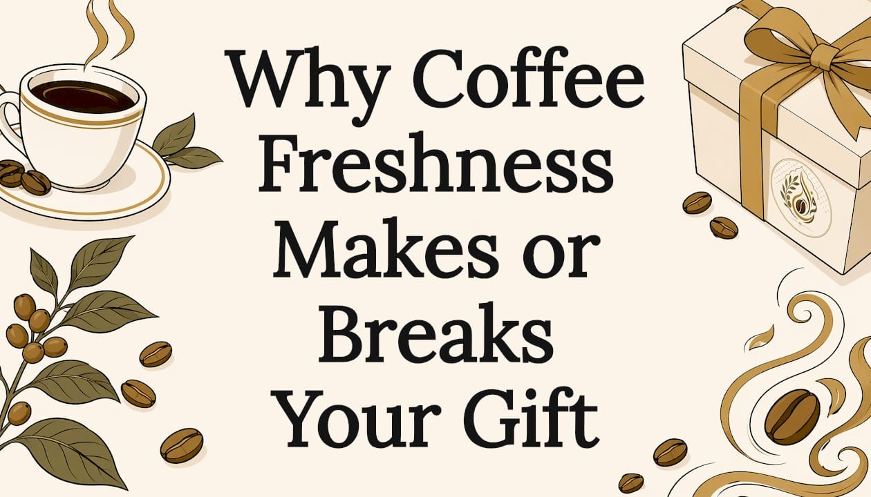 Decorative title card with coffee and gift illustrations