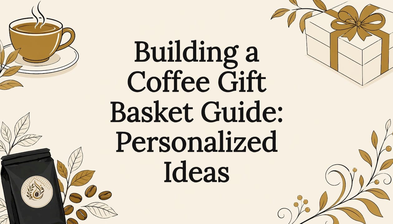 Decorative flat vector title card with coffee and gift illustrations