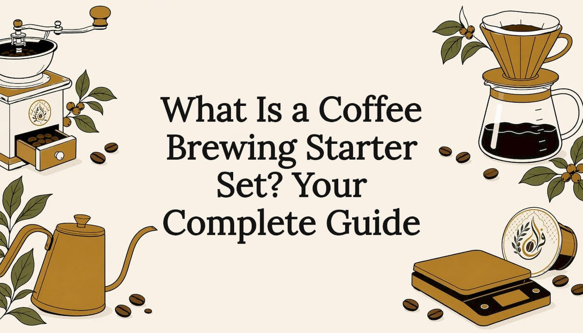Illustrated coffee brewing equipment framing title