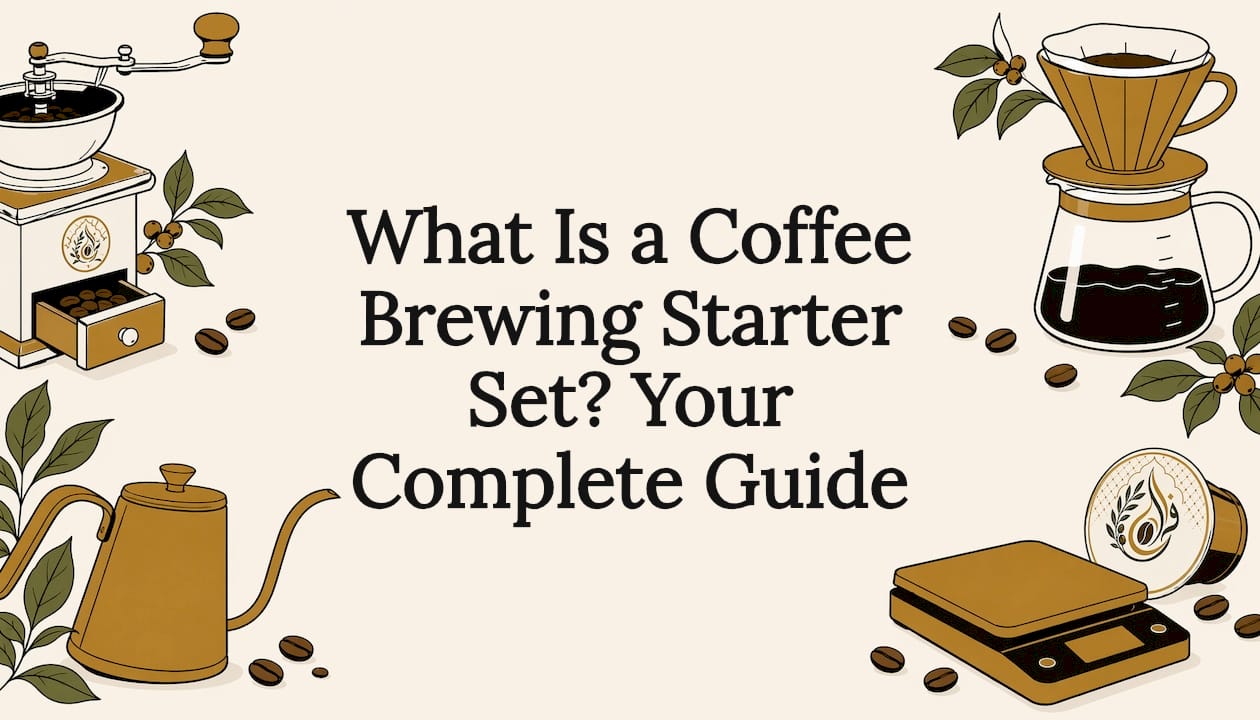 Illustrated coffee brewing equipment framing title