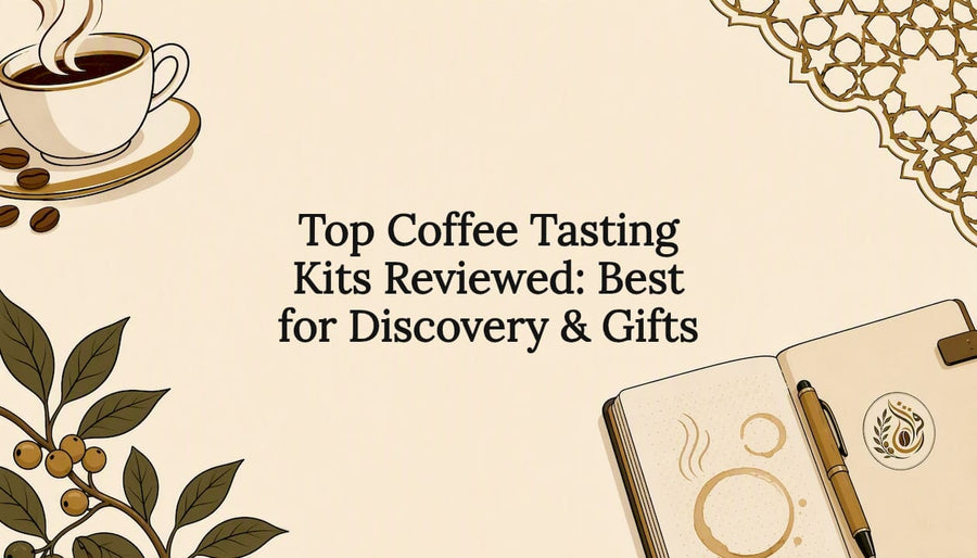 Decorative coffee tasting title card illustration