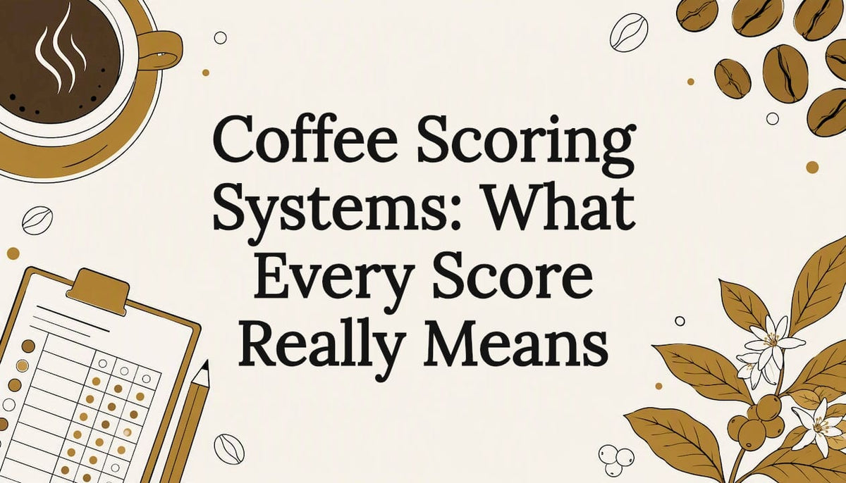 Decorative coffee scoring title card illustration