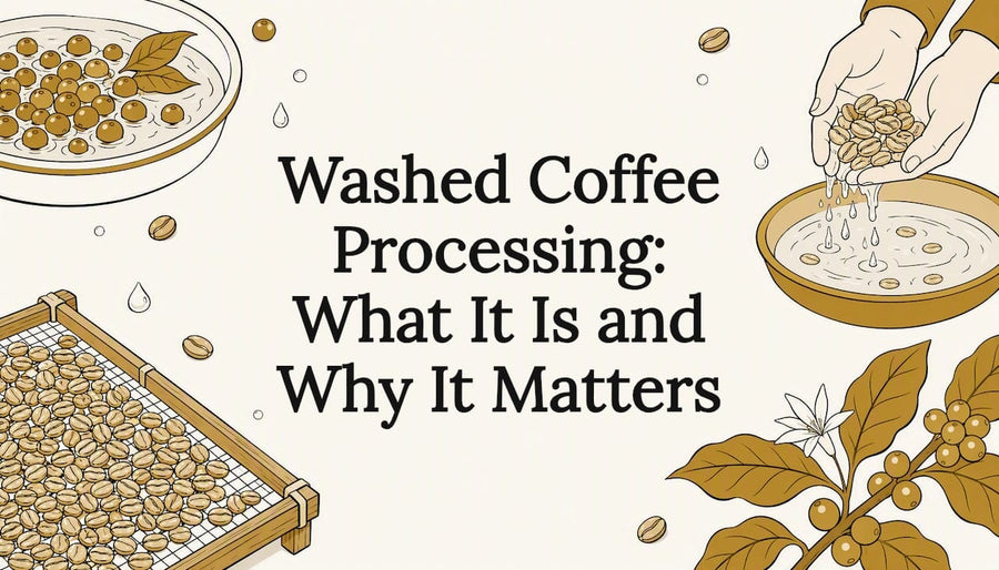 Decorative title card illustrating washed coffee process