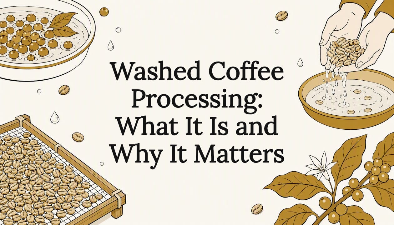Decorative title card illustrating washed coffee process