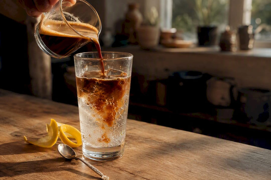 Espresso vertiéndose sobre tónica con hielo en un vaso