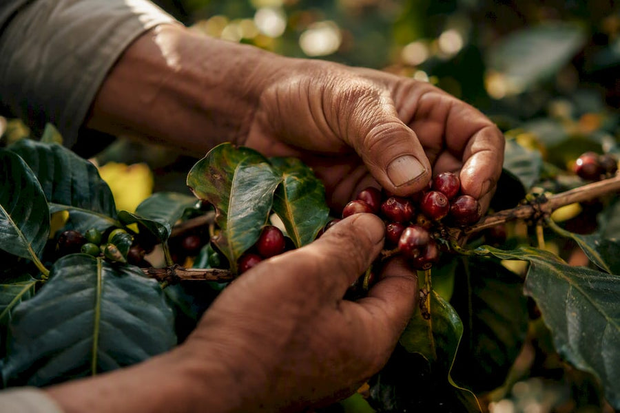 Mãos colhendo seletivamente cerejas de café maduras
