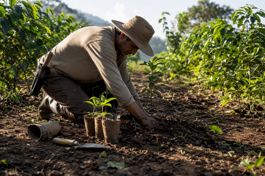 Plantando árvores de sombra em fazenda de café regenerativo