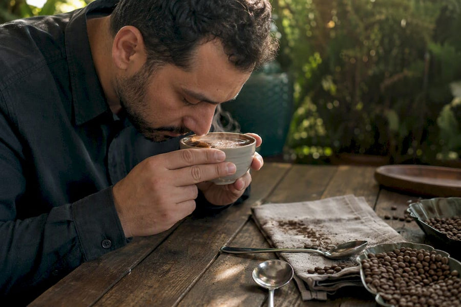 Mains tournant doucement un café de spécialité fumant dans un bol de dégustation