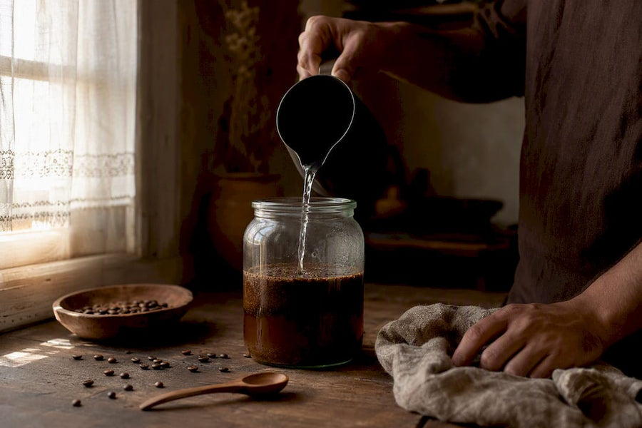 Des mains versant de l'eau froide sur du café moulu