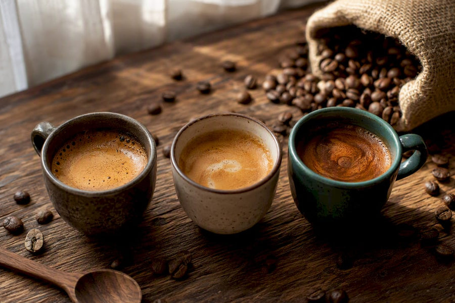 Trois expressos sur un support rustique illustrant différents profils de café