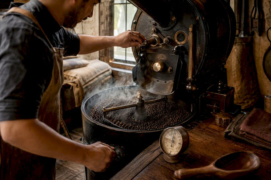 Mãos ajustando o tambor de um torrador artesanal de café
