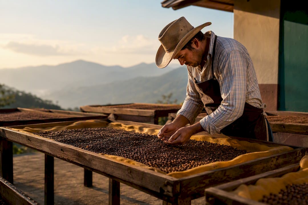 Productor inspeccionando el café seleccionado en la finca