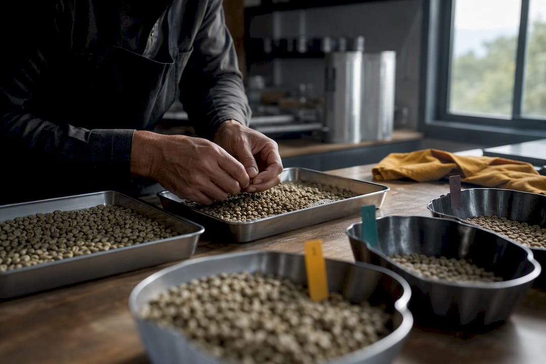 Auditor examinando muestras de café trazable