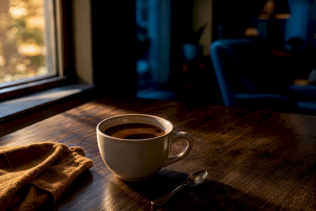 Tasse de café baignée par la lumière du soir