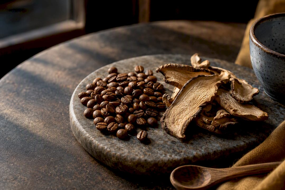 Hongos y café en diseño editorial