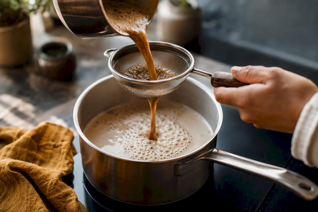 Préparation maison d'un chai latte artisanal