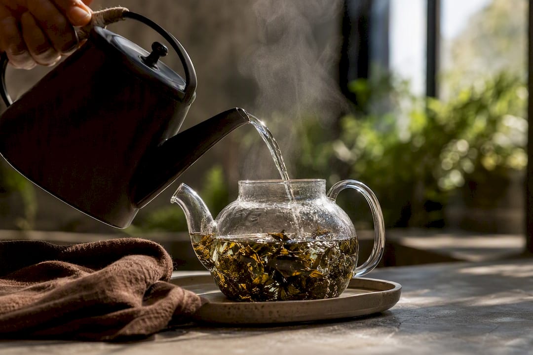 Hojas de oolong desplegándose durante la infusión