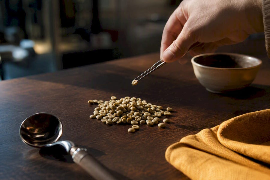Amostra de grãos de café sendo analisada