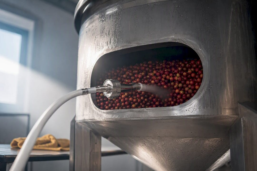 Cerezas de café almacenadas en un tanque sellado con CO2