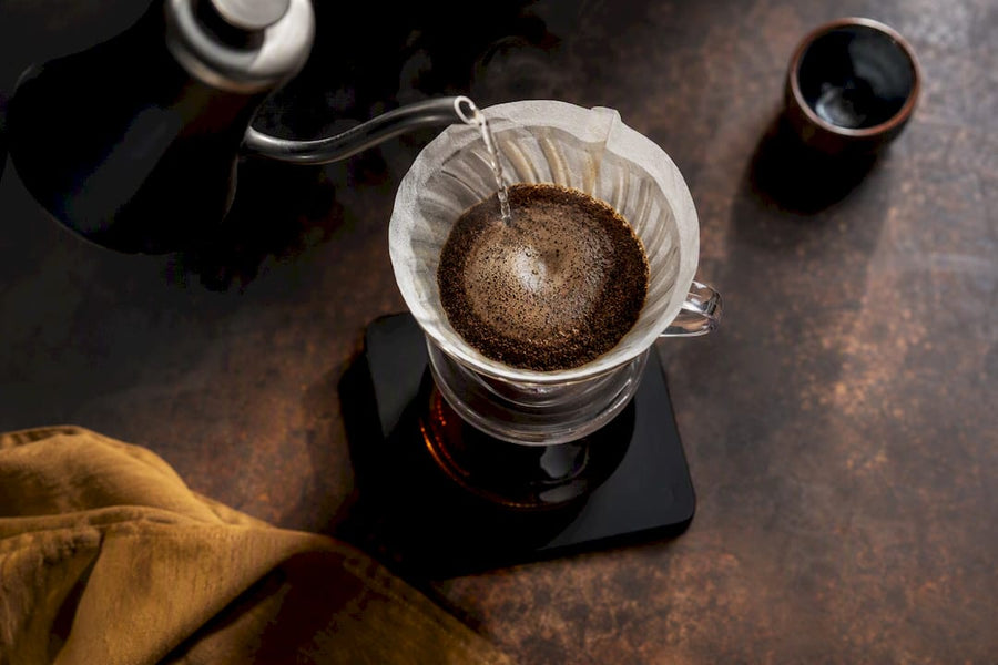 Preparo de café V60 com água sobre o pó moído