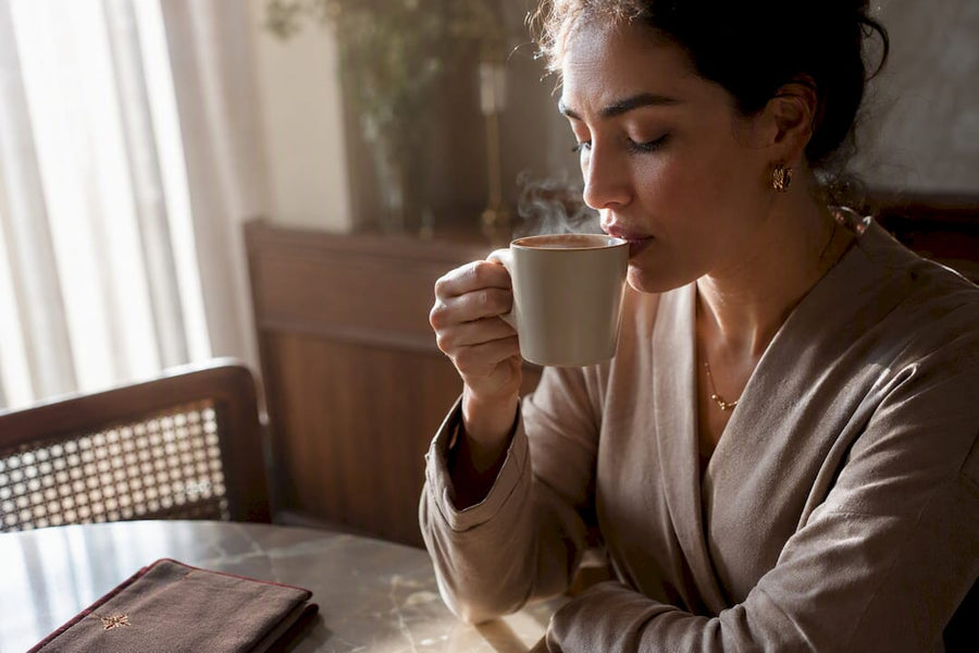 Pessoa apreciando café em um ambiente sofisticado