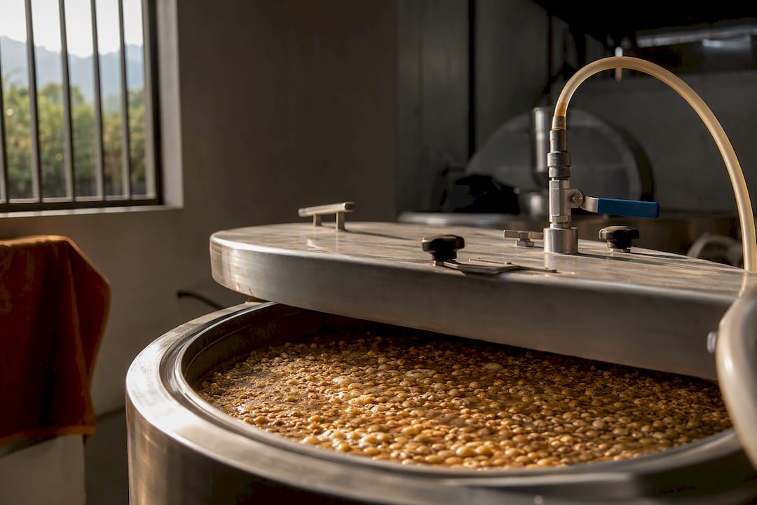 Tanque cerrado con café en proceso de fermentación