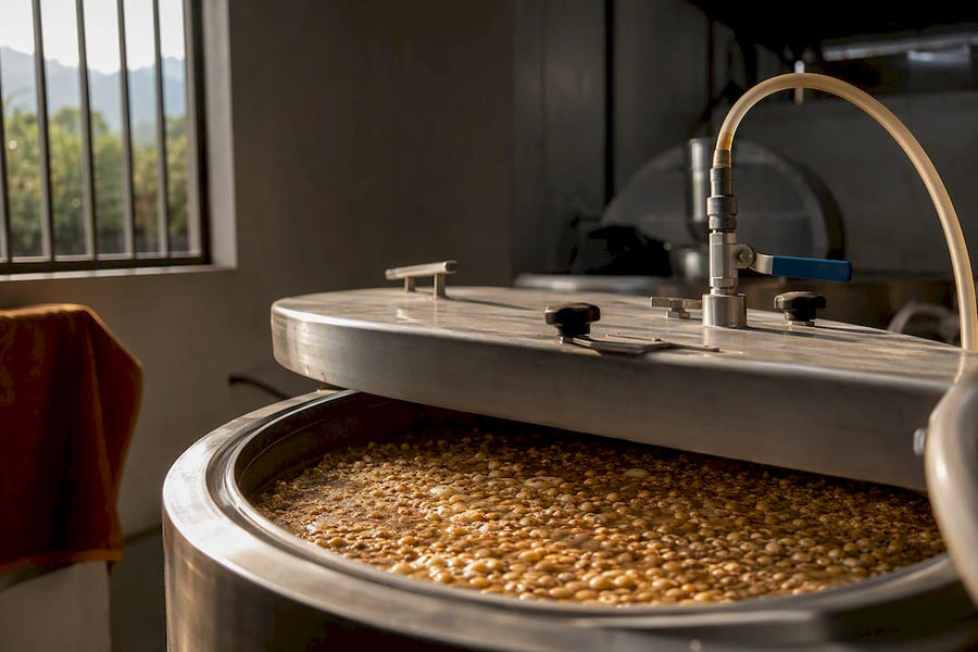 Tanque cerrado con café en proceso de fermentación