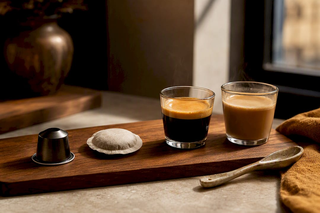 Capsule et dosette souple à côté de deux cafés