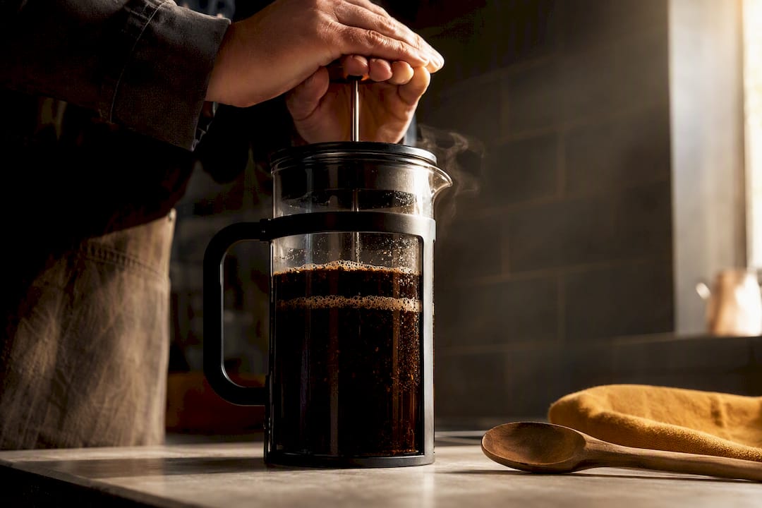 Mãos apertando o êmbolo da cafeteira francesa