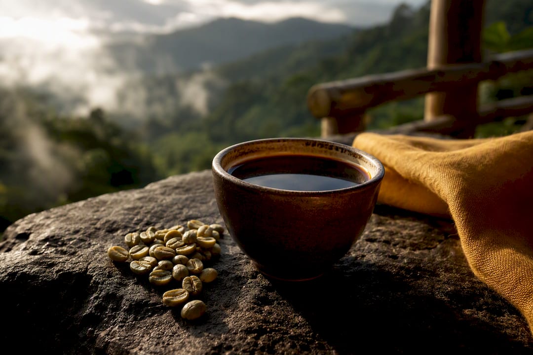 Taza de café de Sumatra sobre roca volcánica