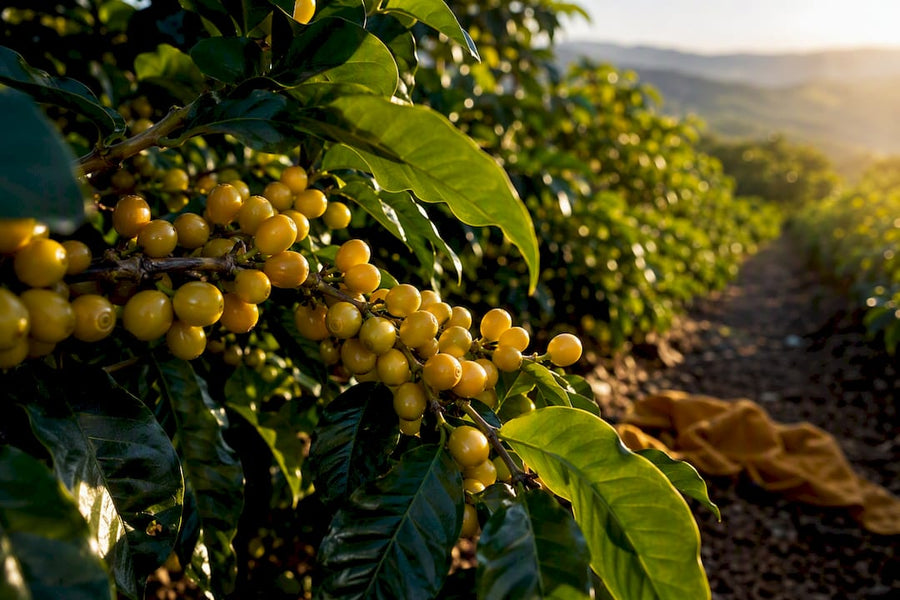 Cerejas amarelas maduras em plantações de café de altitude