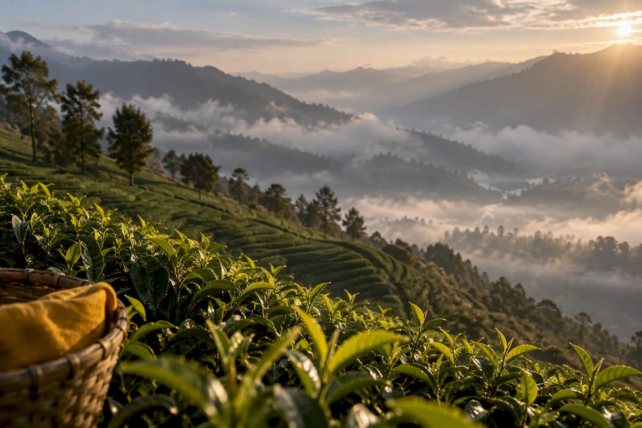 Encosta do Himalaia com plantações de chá Darjeeling