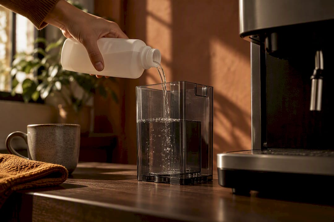Main en train de préparer l’entretien d’une machine à expresso